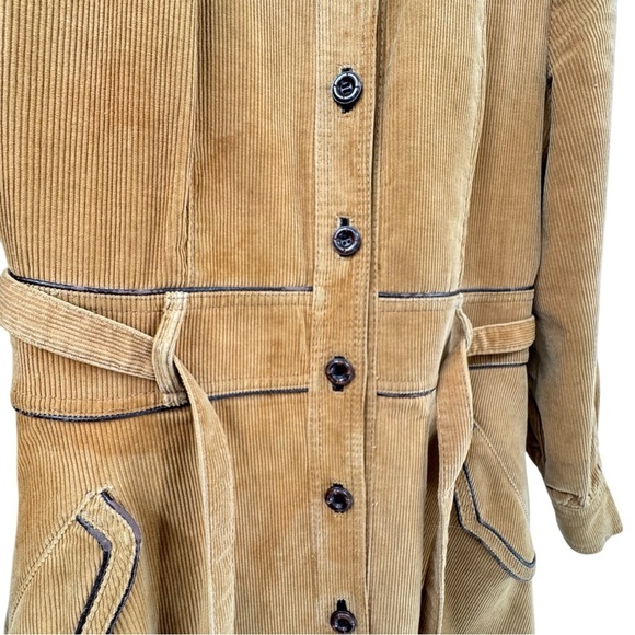 Vintage 70s Women's Trench Coat Corduroy Leather Trim Belted Brown Swing Skirt M - Picture 12 of 15